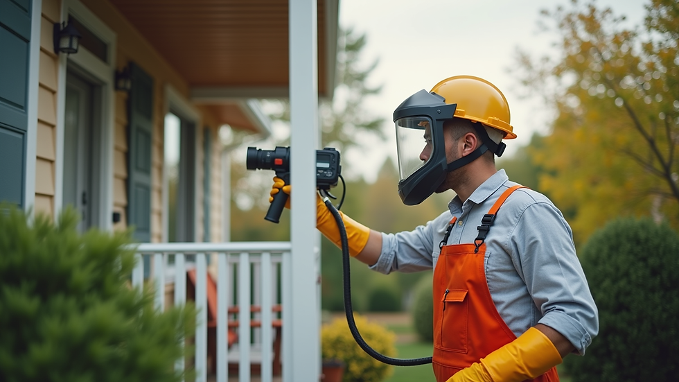 Eye-level view of pest control technician inspecting a home exterior