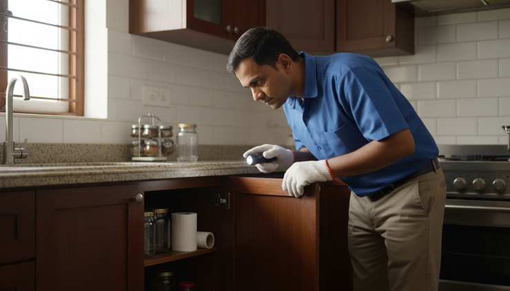 Eye-level view of a pest control technician inspecting a home kitchen cabinet.
