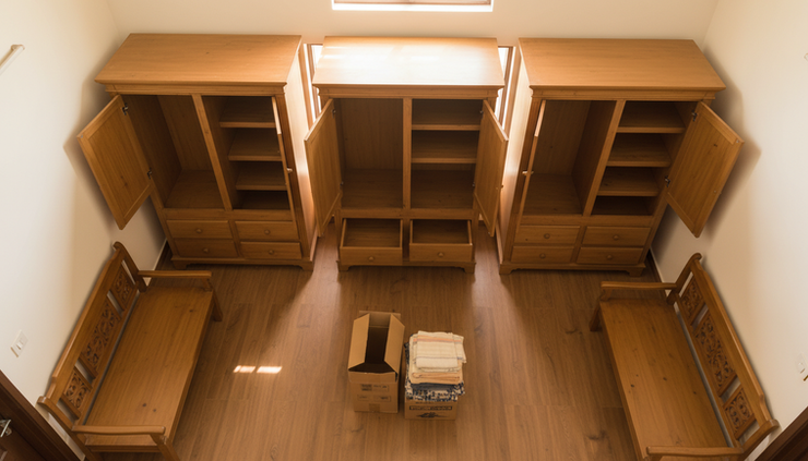 Top-down view of household items moved away from walls before termite service