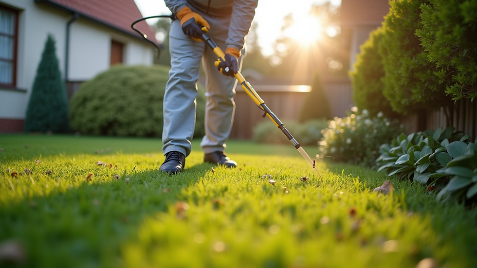 Eye-level view of pest control technician inspecting a residential garden
