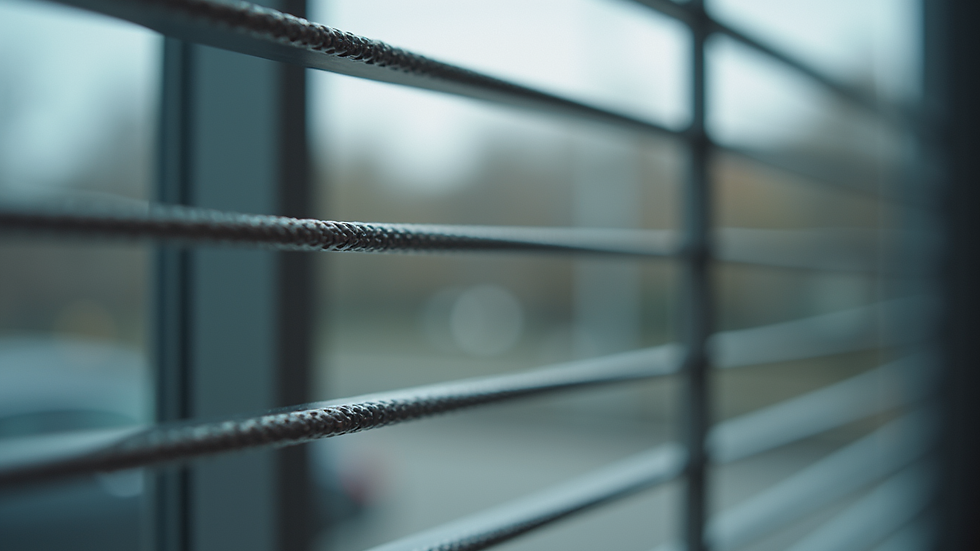 Close-up view of stainless steel invisible grill wires on a window