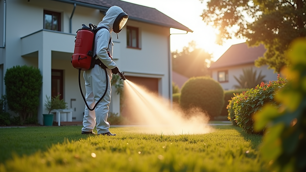 Eye-level view of pest control technician spraying treatment around a house