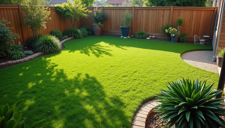 High angle view of a backyard with trimmed grass and no standing water