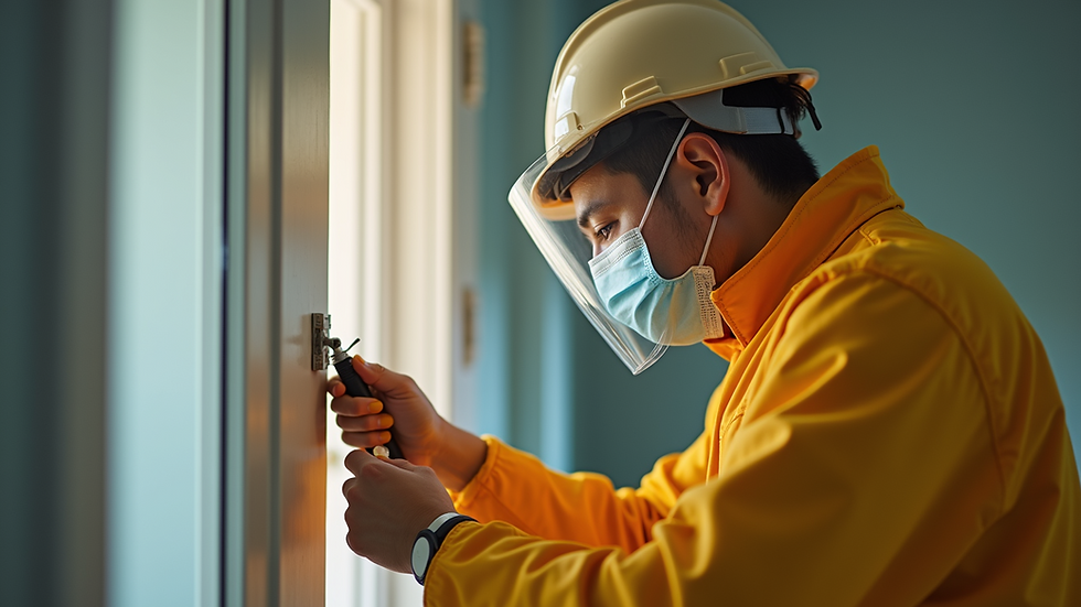 Close-up view of pest control technician inspecting a home corner