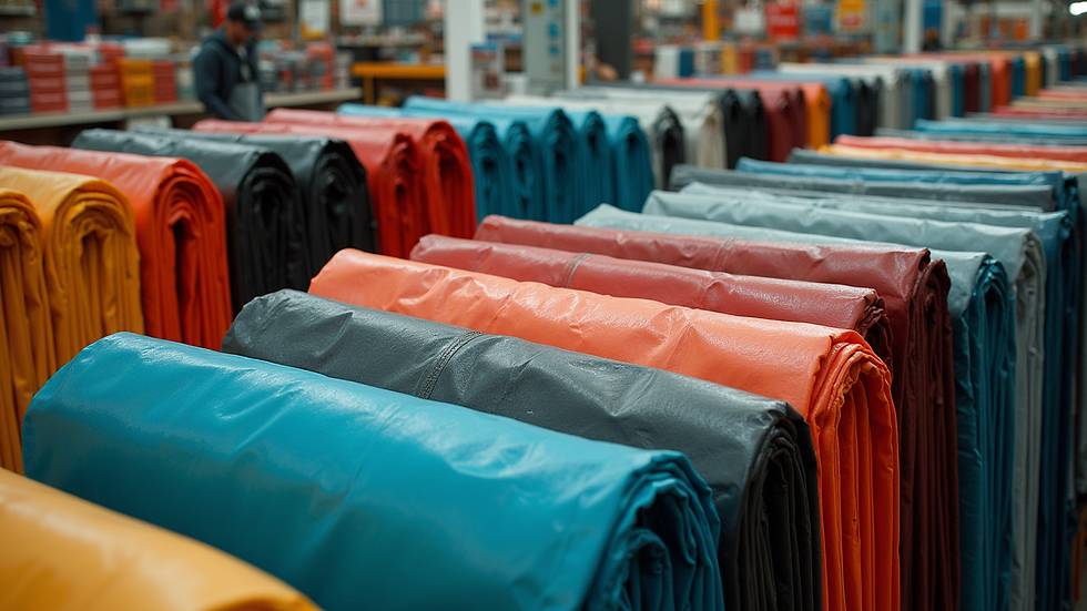 High angle view of a retail display of tarpaulins in various colors