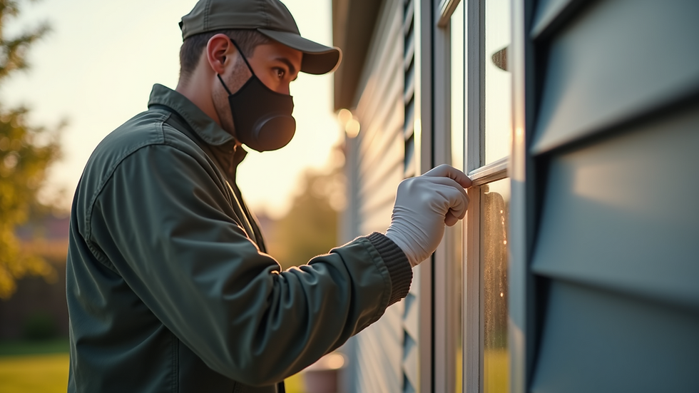 Close-up view of pest control technician inspecting a home exterior