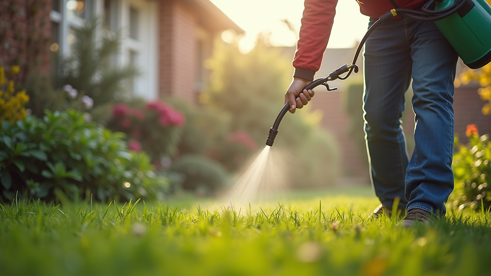 Eye-level view of pest control technician spraying insecticide in a residential garden