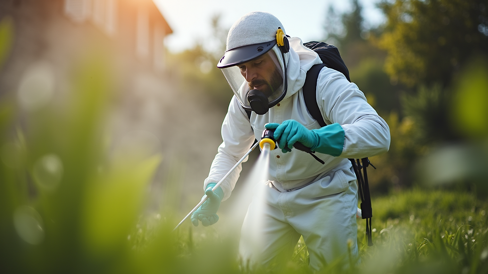 Eye-level view of pest control technician applying treatment outdoors