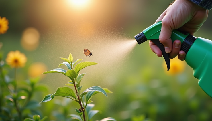 Close-up view of eco-friendly pest control spray being applied to a garden plant