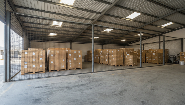 Eye-level view of a warehouse loading bay protected with bird netting