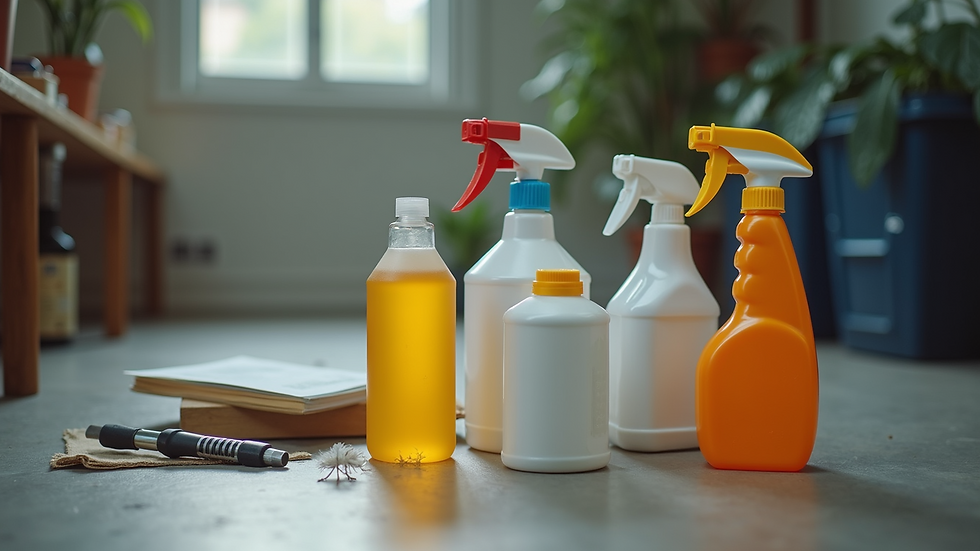 Eye-level view of pest control equipment and chemicals arranged neatly