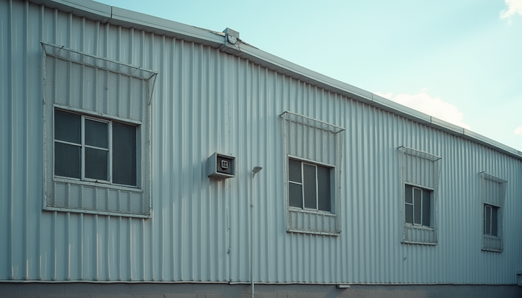 Eye-level view of industrial warehouse with bird netting installed on windows and vents