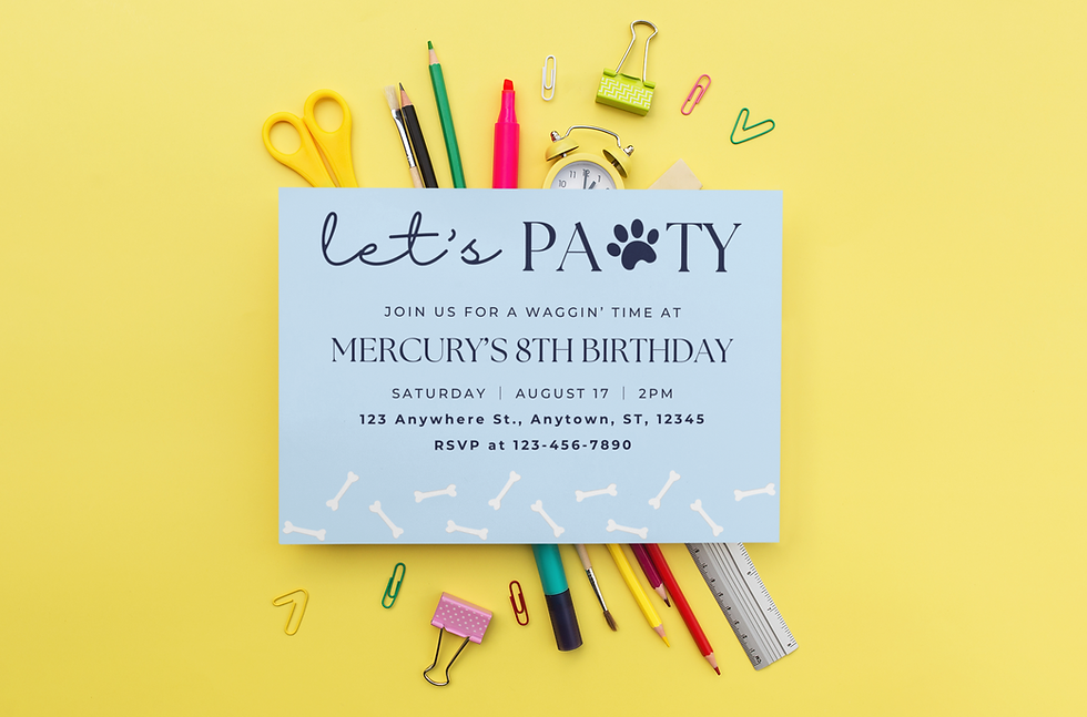 Miniatura: Birthday Invitation for a Dog that is baby blue, with navy blue writing, with bones decorating the bottom.