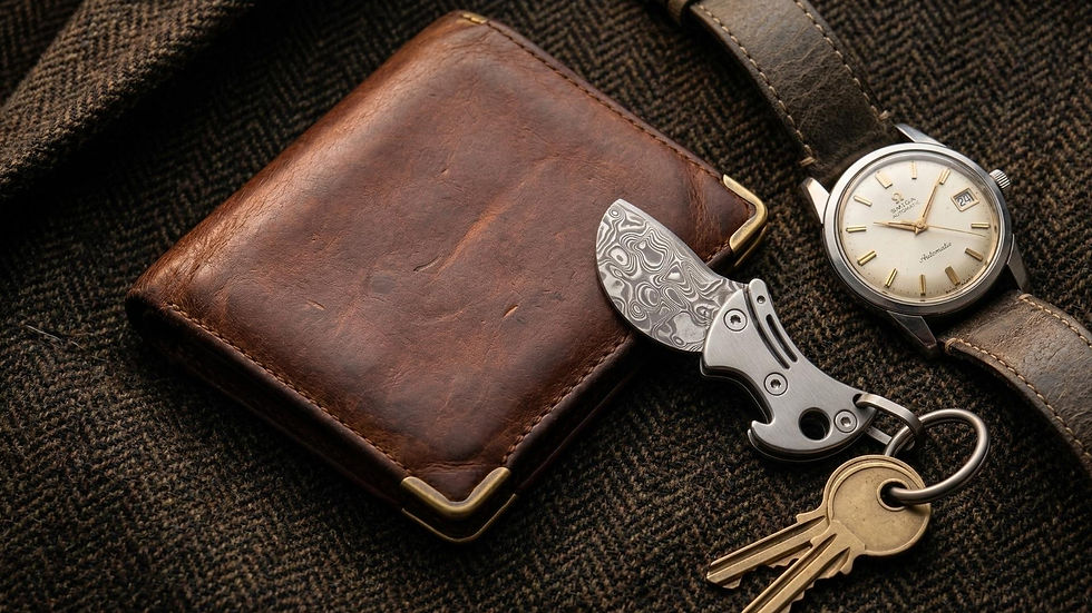 A flat-lay of a father's classic EDC kit including a vintage Omega watch, leather wallet, and the Sting custom keychain knife, showcasing minimalist style and utility.