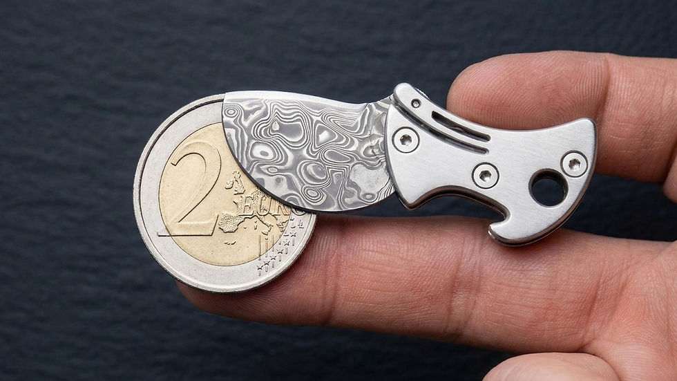 The Sting 2.5 cm nano pocket knife placed on top of a 2 Euro coin to demonstrate its micro-size and precision Damascus steel engineering, a unique small gift for dad.