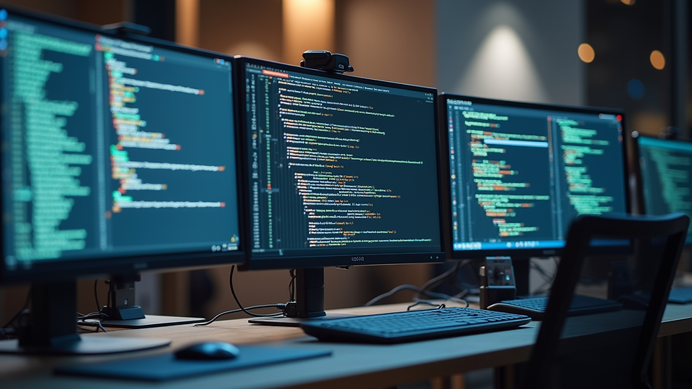 Eye-level view of a modern office workspace with multiple monitors displaying code and deployment pipelines
