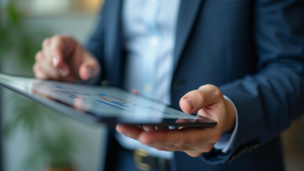 Close-up view of a consultant presenting a quality engineering strategy on a digital tablet