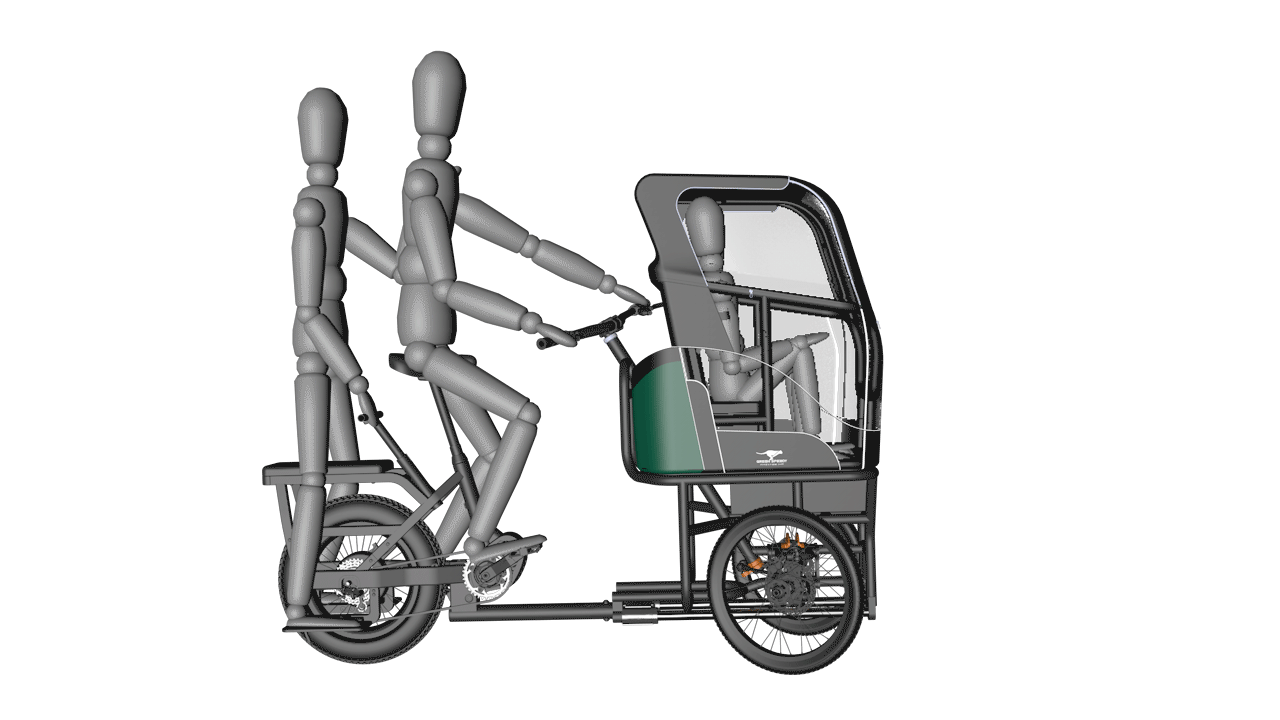 Det animerede billede af Green Speedy ladcykel viser alsidigheden af dens 3 hovedrammetilstande: Ladcykel, E-klapvogn/Scooter og lastklapvogn.