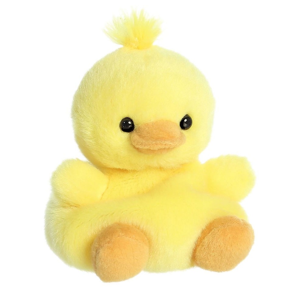 Front view Palm Pals 13cm Darling the duck plush toy with soft yellow fur, orange beak and feet and yellow tuft of hair.