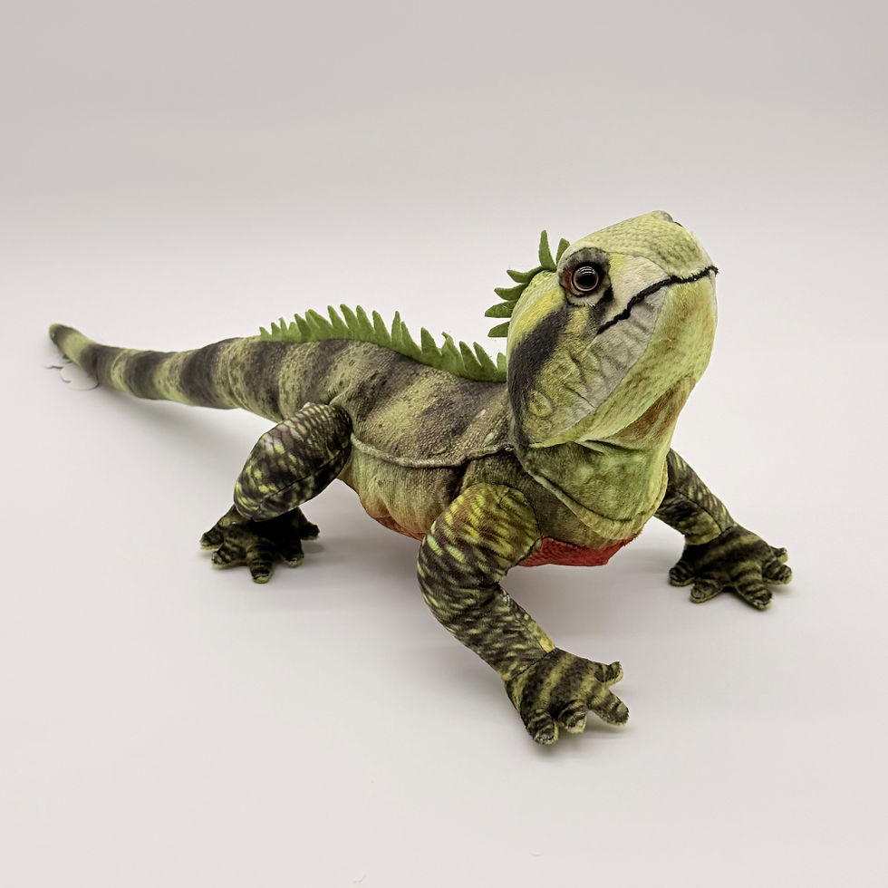 Front view Huggable Toys 55cm Water Dragon plush toy with soft green and gray scaly patterned fabric, long tail and big eyes