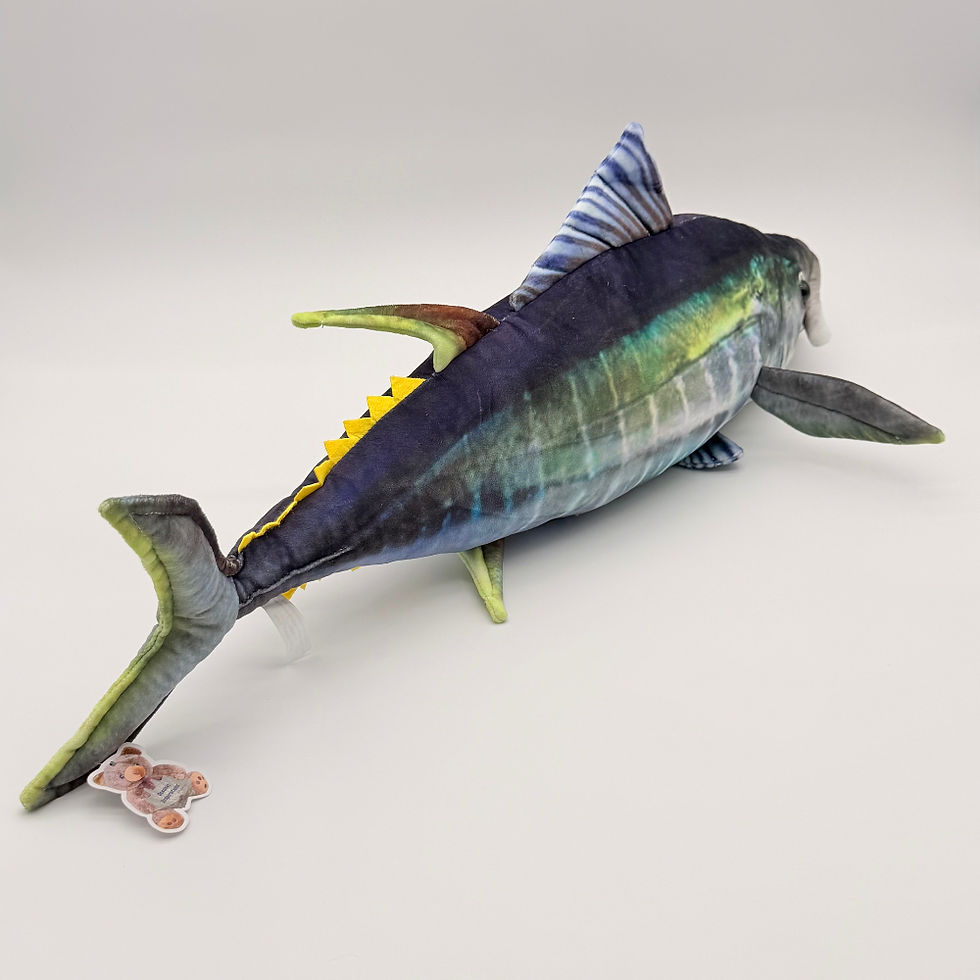 Back view Huggable Toys 58cm Tuna plush toy with soft velour fabric of blue, gray and a touch of yellow and green