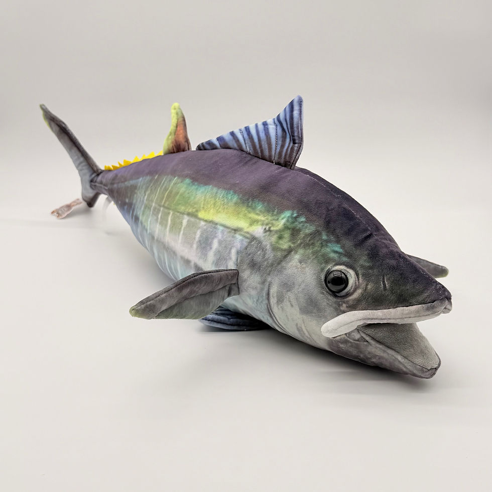 Front view Huggable Toys 58cm Tuna plush toy with soft velour fabric of blue, gray and a touch of yellow and green
