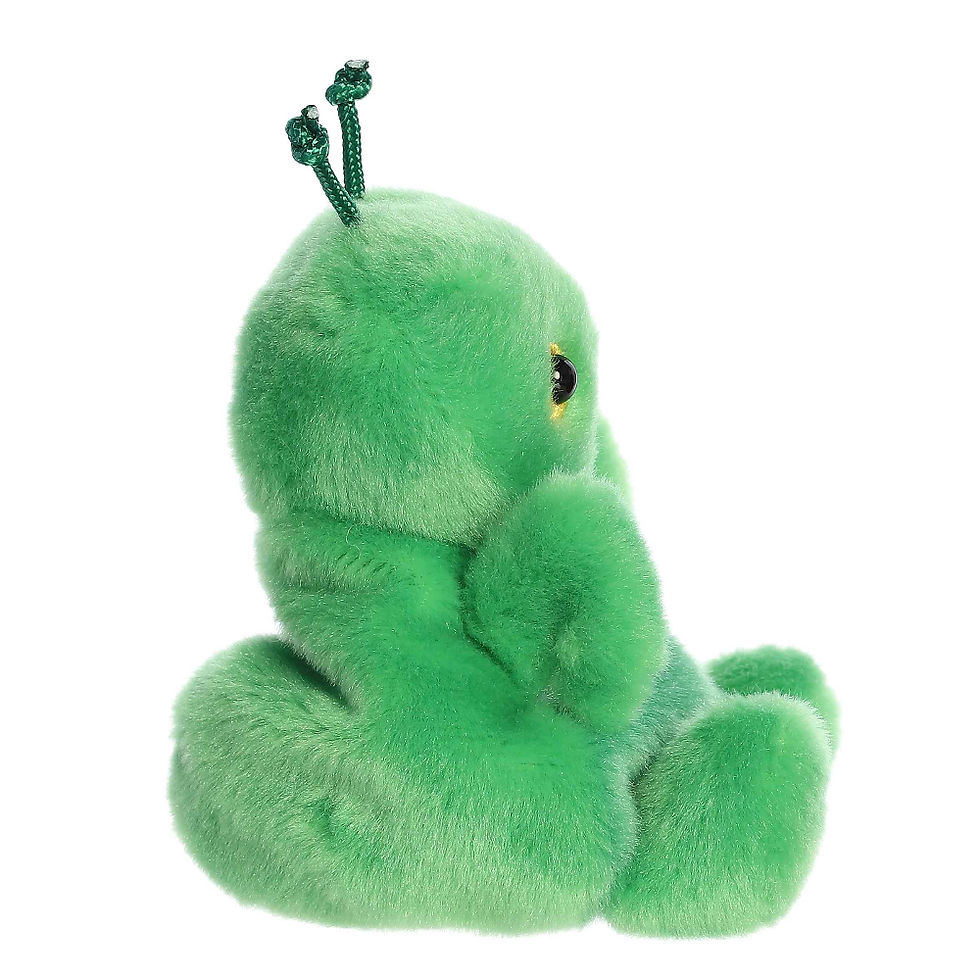 Side view Palm Pals 13cm Kai the Praying Mantis plush toy. Features soft green fur and antennae, black eyes with yellow iris
