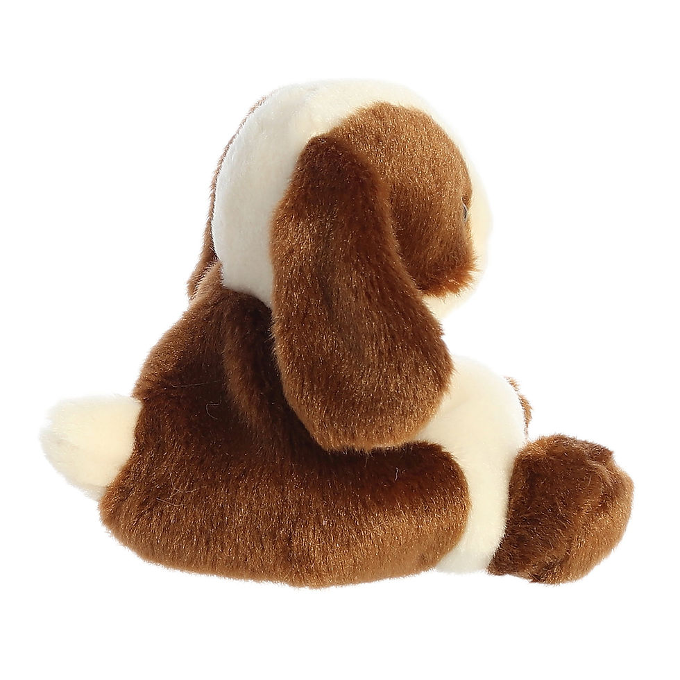 Side view Palm Pals Clover the Bunny plush toy. Features soft light and dark brown fur, pink inner ears and light cottontail