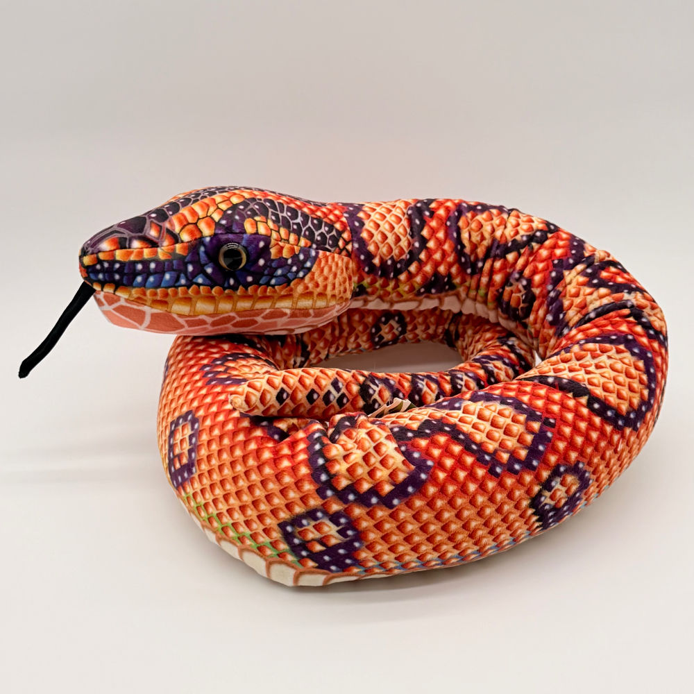 Front view Wild Republic Rainbow Boa plush toy with soft orange brown scale patterned fabric, long tongue