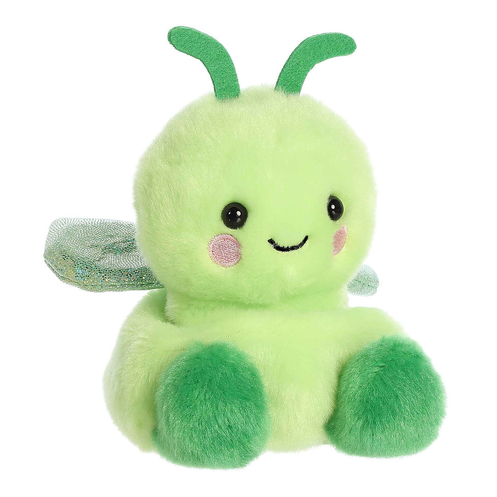 Front view Palm Pals 13cm Maestro Grasshopper plush toy with Light green body, dark green feet and antennae and sparkly wings