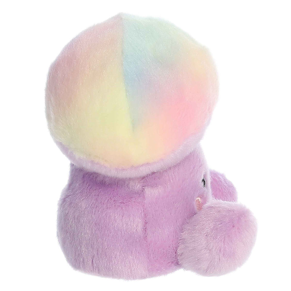 Side view Palm Pals 13cm Lynette the mushroom features soft purple body, rosy cheeks, and a large multicolored cap.