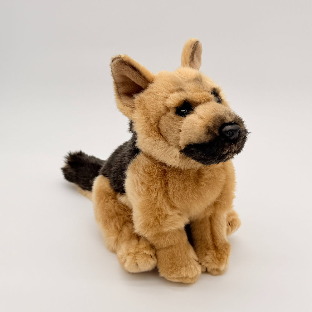 Front view Living Nature 20cm German Shepherd plush toy with soft black and tan fur, pointed ears and black tail
