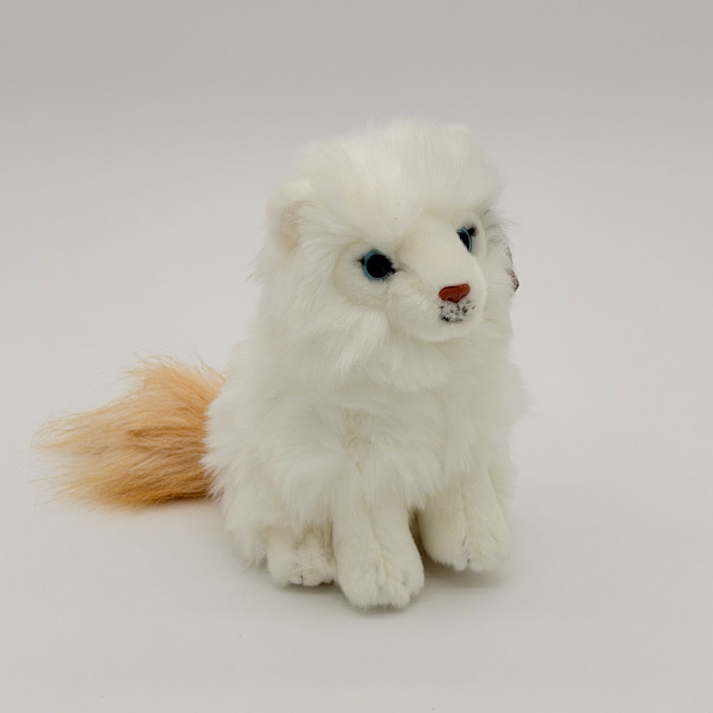 Front view Living Nature 16cm Ragdoll kitten plush toy with soft fluffy white fur, light brown tail and dark eyes