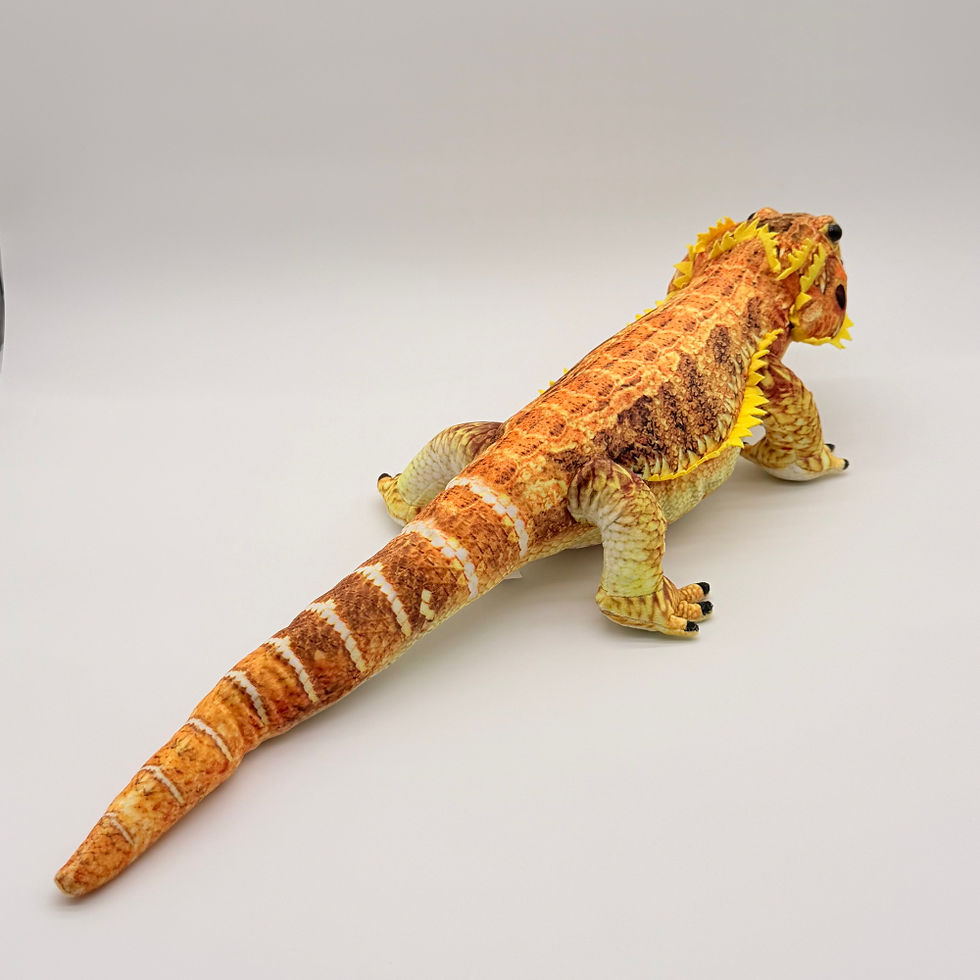 Back view Huggable Toys 60cm Bearded Dragon plush toy with soft yellow brown mottled fabric, yellow spikes and long tail