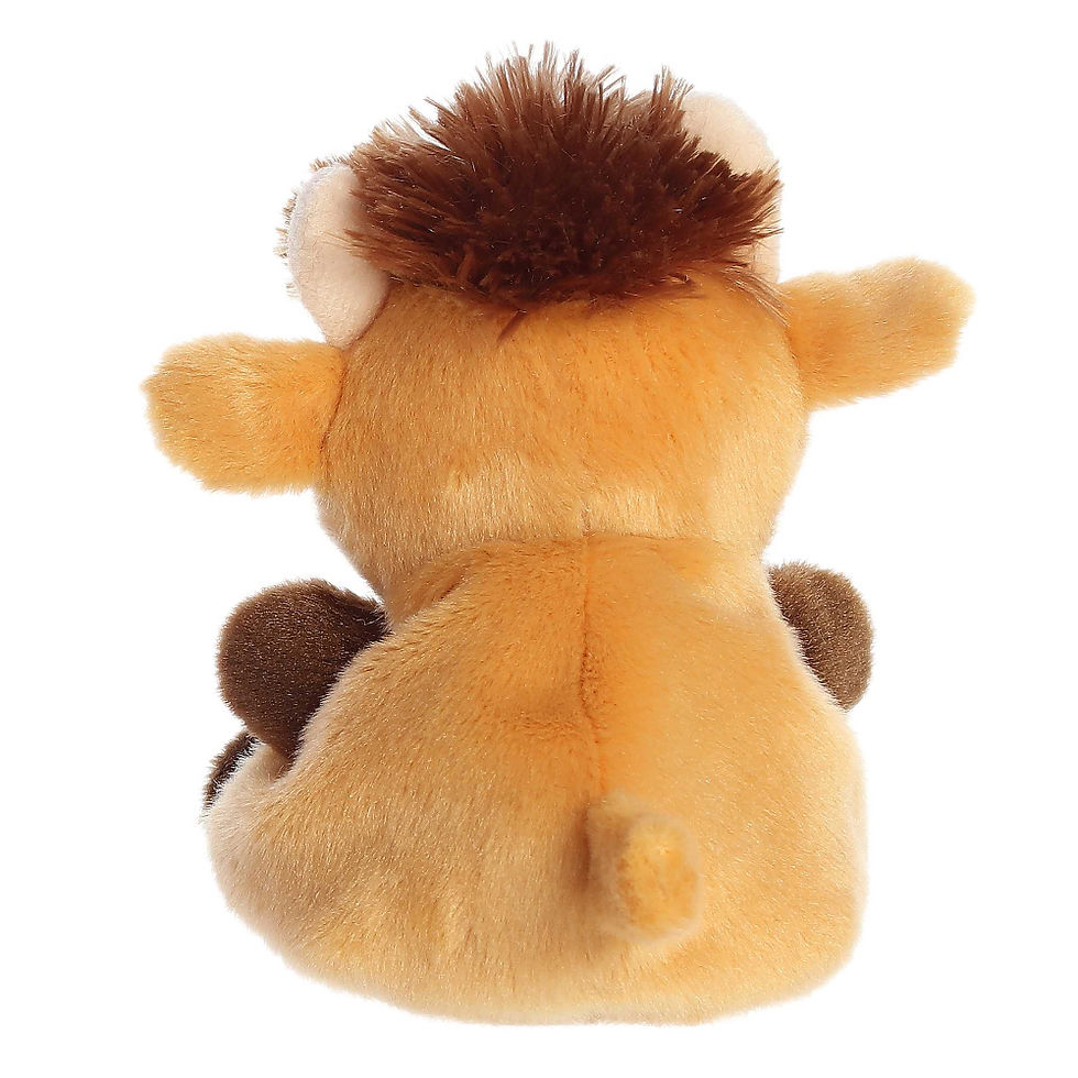 Thumbnail: Back view Palm Pals 13cm Hubert the highland cow plush toy. Soft light brown fur, dark brown hands, feet and tuft of hair.