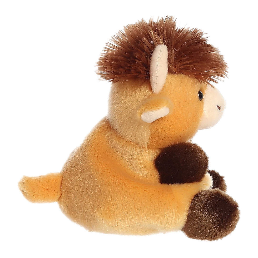 Side view Palm Pals 13cm Hubert the highland cow plush toy. Soft light brown fur, dark brown hands, feet and tuft of hair.