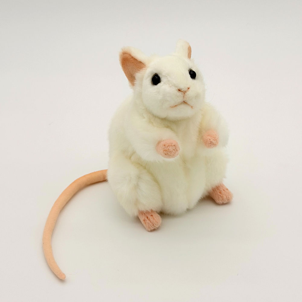 Front view of a 16cm Hansa realistic white mouse plush toy, featuring soft white fur, beige-pink ears and black bead eyes