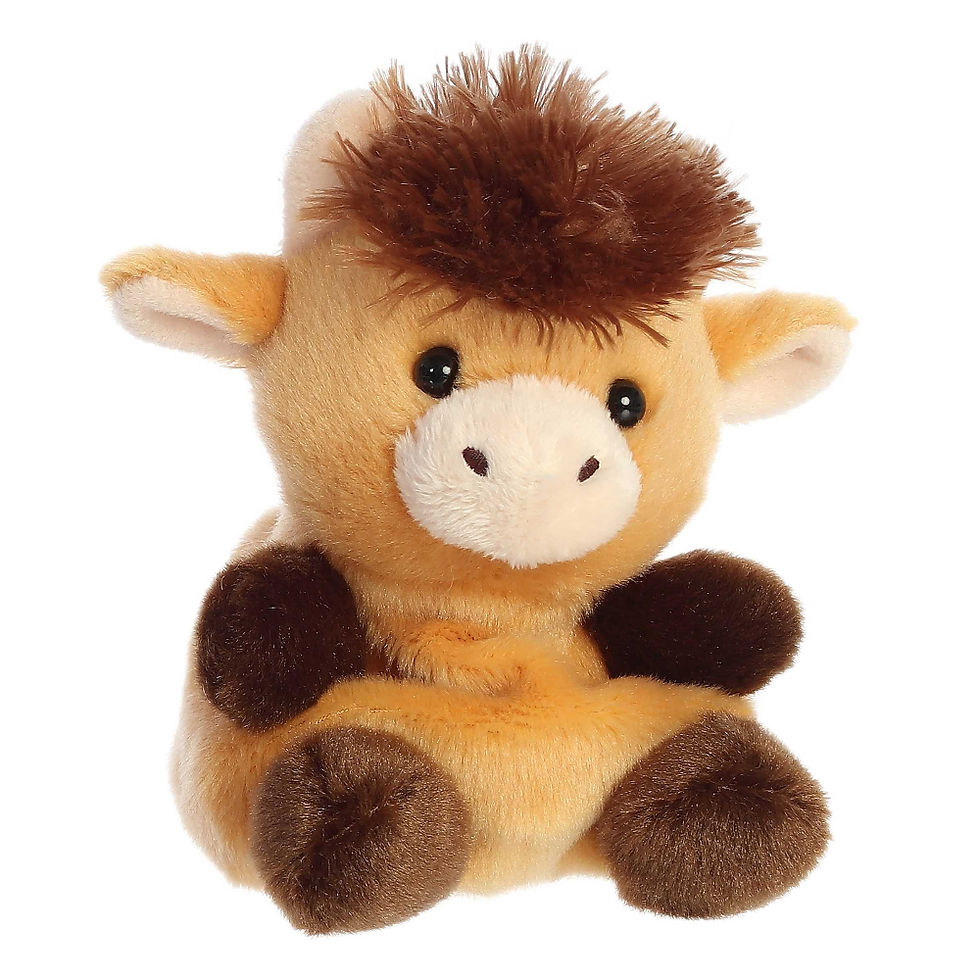 Front view Palm Pals 13cm Hubert the highland cow plush toy. Soft light brown fur, dark brown hands, feet and tuft of hair.