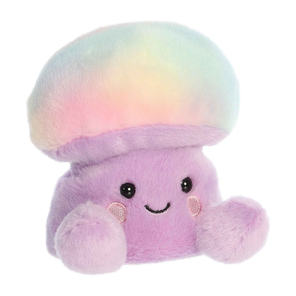 Front view Palm Pals 13cm Lynette the mushroom features soft purple body, rosy cheeks, and a large multicolored cap.