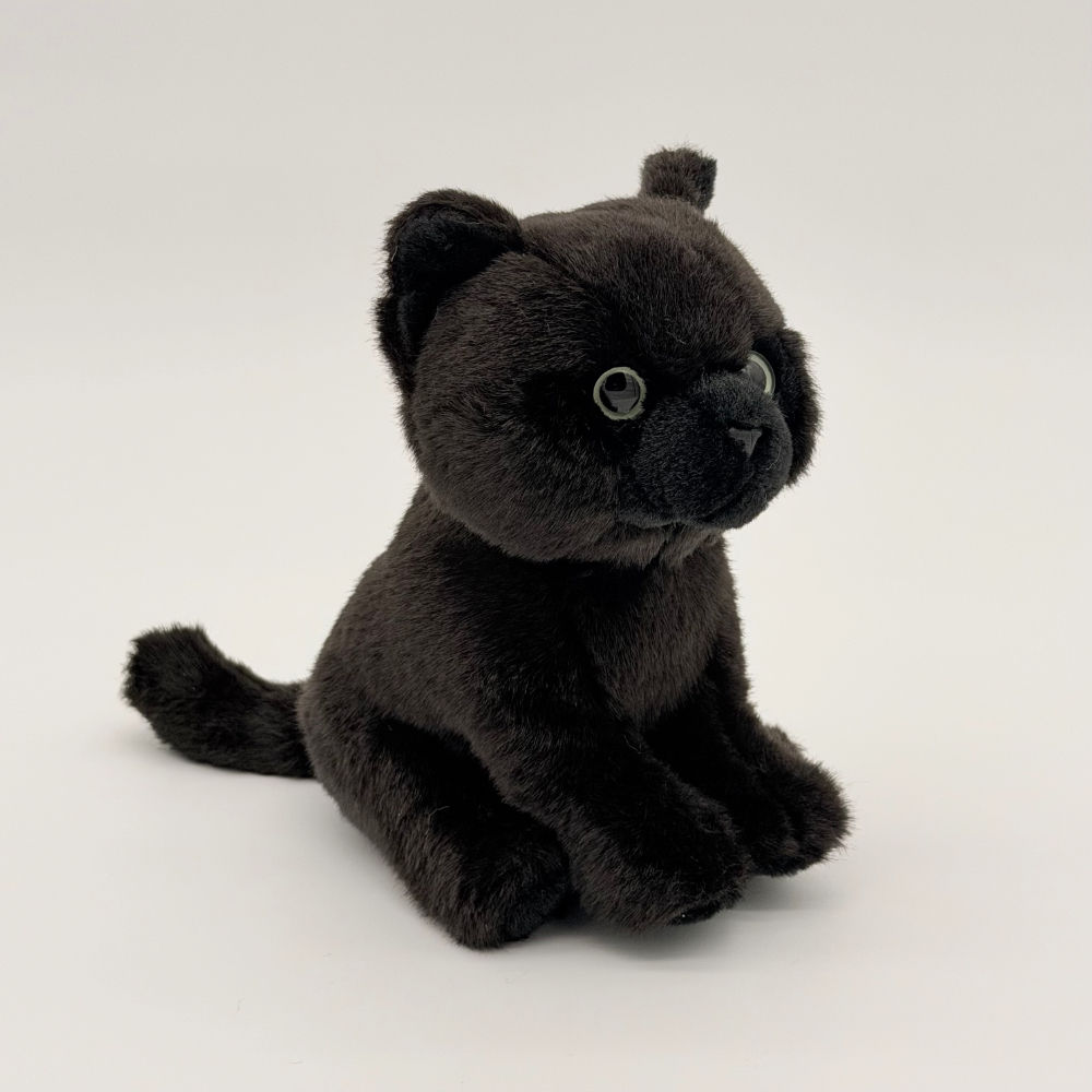 Front view Living Nature Bombay kitten plush toy with soft black fur and cute face