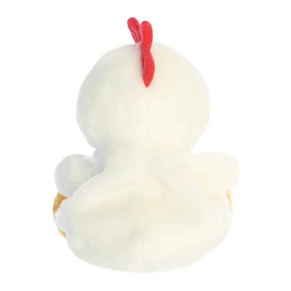 Thumbnail: Back view Palm Pals 13cm Cooper the chicken plush toy with soft white fur, yellow feet and beak and red comb on his head