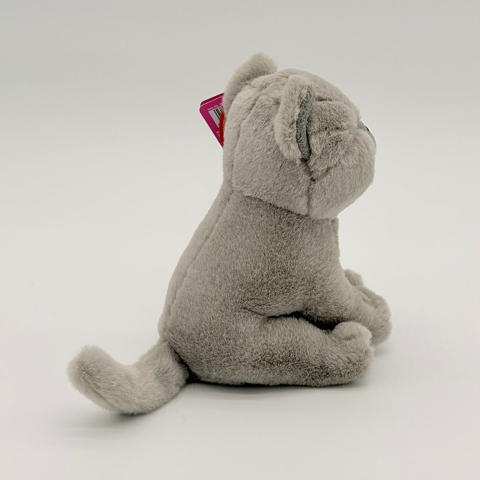 Back view Living Nature 16cm British Shorthair cat plush toy with soft gray fur, darker gray muzzle, black nose and eyes
