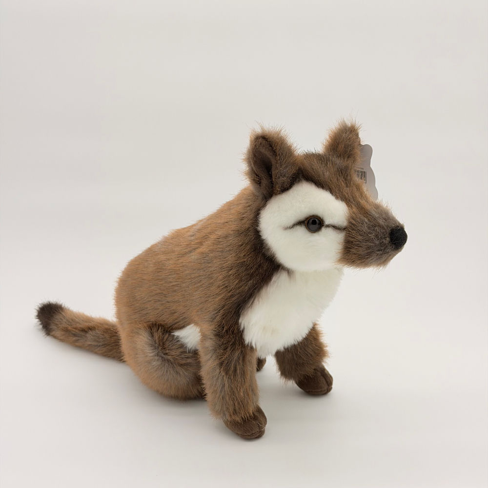 Front view Huggable Toys 40cm Numbat plush toy with soft two tone brown fur, white chest and eyes, white stripes on back