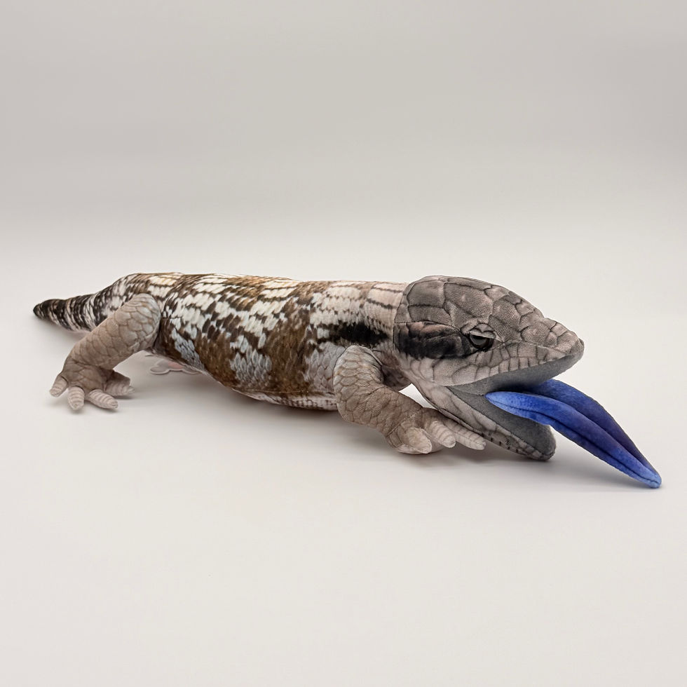 Front view Huggable Toys 60cm Blue Tongue Lizard plush toy with soft brown-and-grey textured fabric and a bright blue tongue
