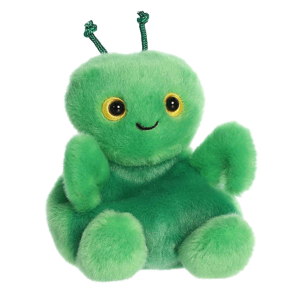 Front view Palm Pals 13cm Kai the Praying Mantis plush toy. Features soft green fur and antennae, black eyes with yellow iris