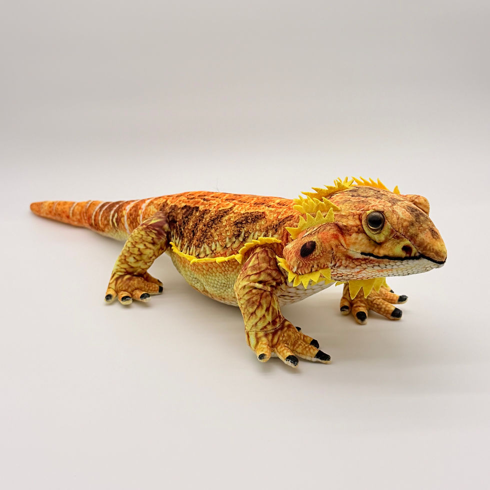 Front view Huggable Toys 60cm Bearded Dragon plush toy with soft yellow brown mottled fabric, yellow spikes and long tail