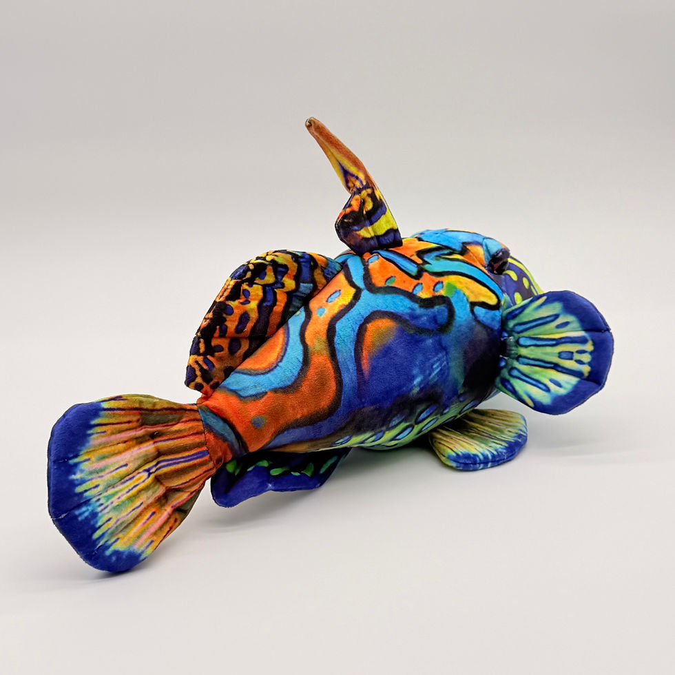 Back view Huggable Toys 42cm Mandarin Fish plush toy with vibrant blue, orange and yellow soft swirl patterned fabric.