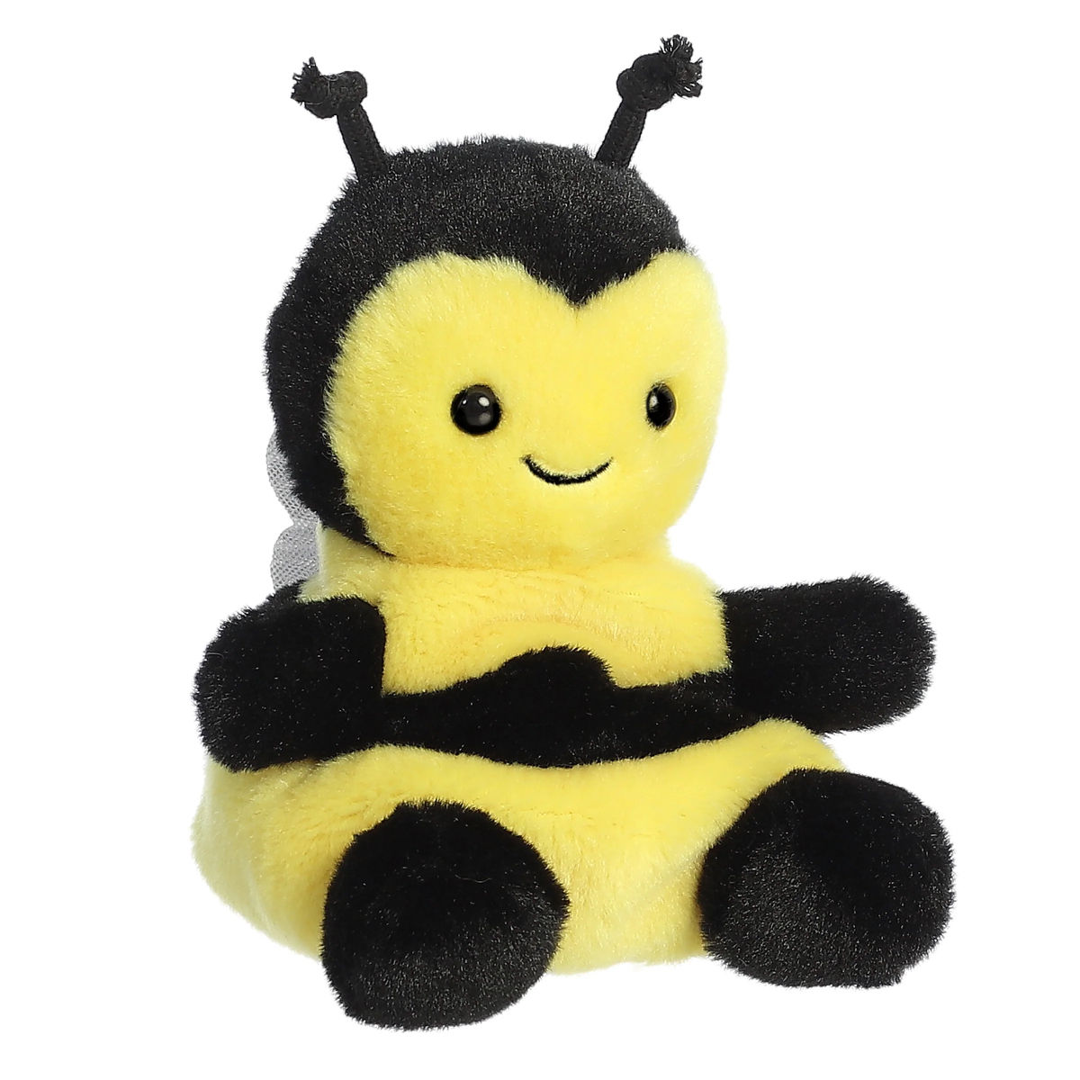 Front view Palm Pals 13cm Queeny the Bumblebee plush toy. Features yellow and black striped body, white wings, black antennae