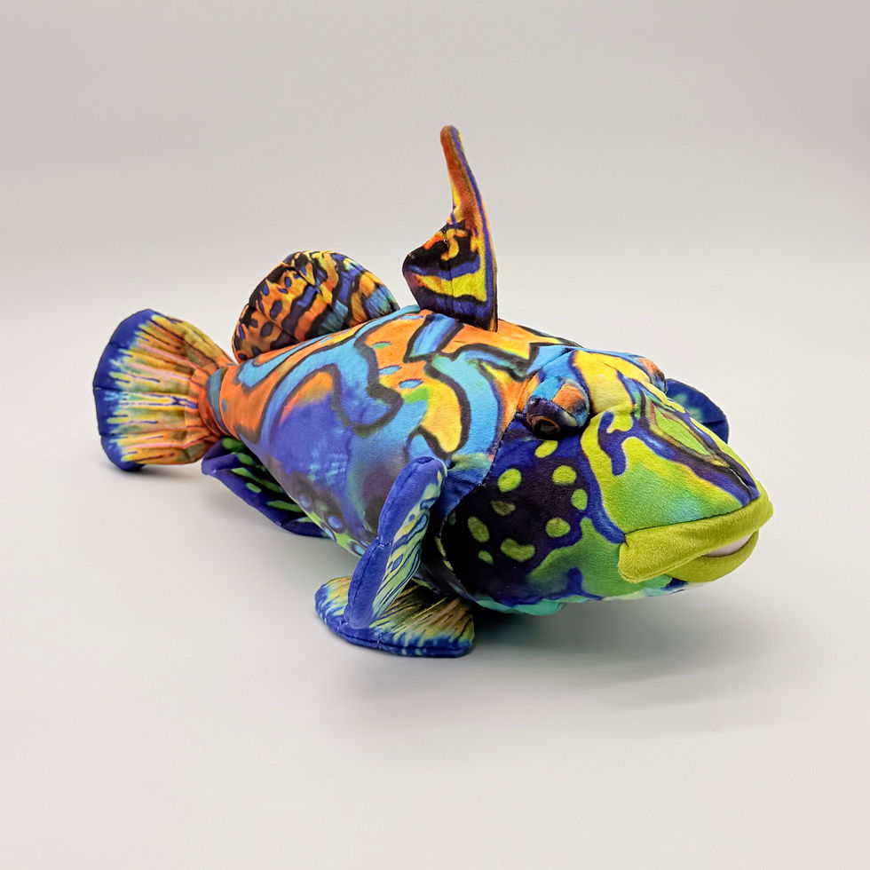 Front view Huggable Toys 42cm Mandarin Fish plush toy with vibrant blue, orange and yellow soft swirl patterned fabric.
