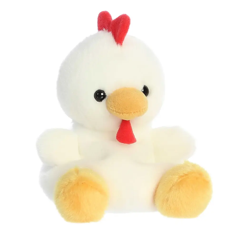 Front view Palm Pals 13cm Cooper the chicken plush toy with soft white fur, yellow feet and beak and red comb on his head